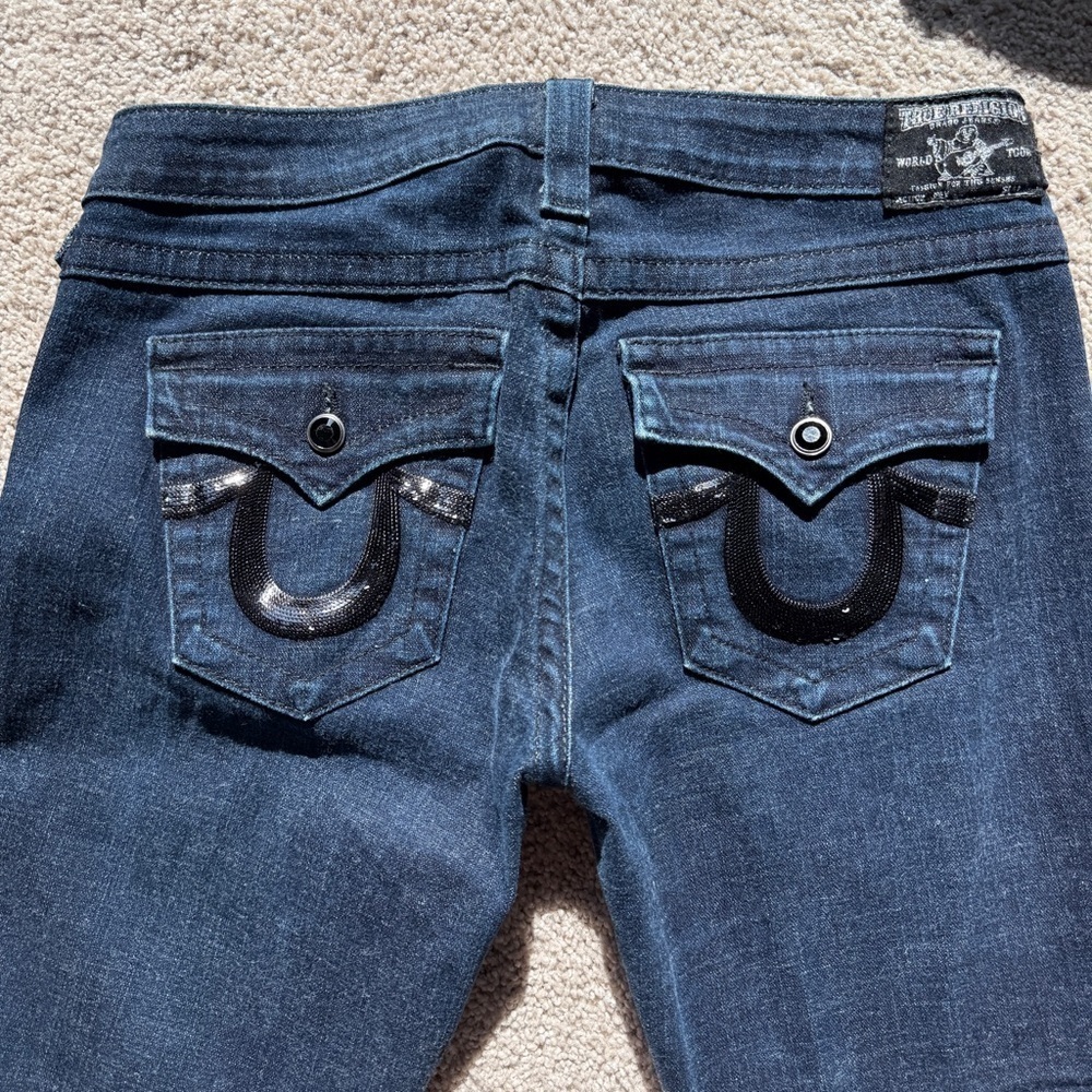 True Religion Women's Flared Jeans Size 30 Blue Medium Wash Denim Black Sequins